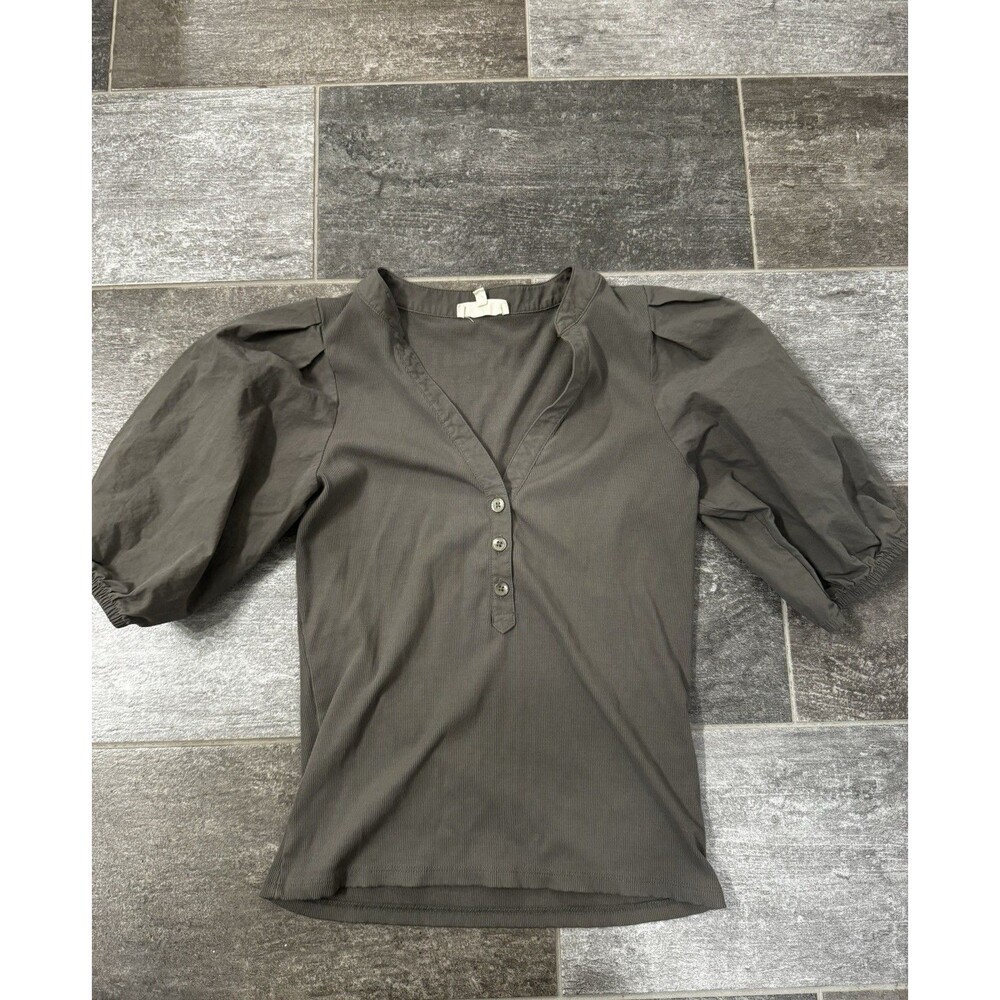 Madewell Women's, Army Green, Size Small Ribbed Shirt With Puff Sleeves, EUC